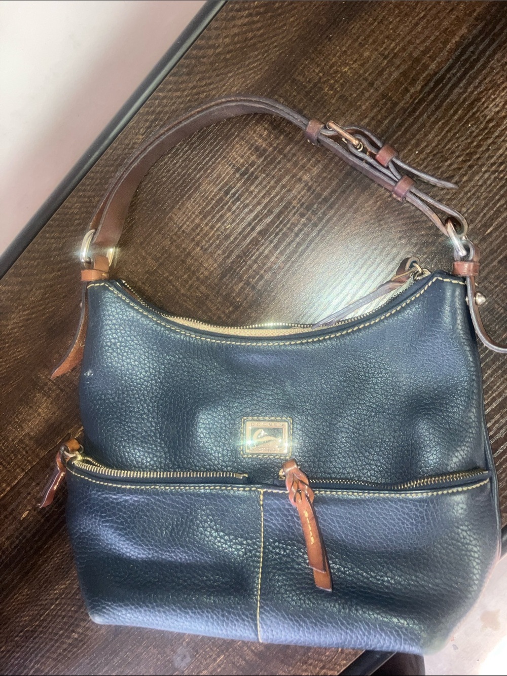 Dooney & Bourke Black Pebbled Leather Shoulder Bag with Brown Trim